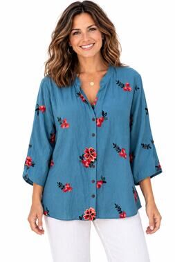Kindred Embroidered Button Top Womens Size 1X Blue PInk Floral Boho Blouse